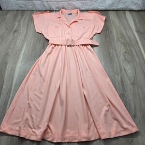 Vintage 80s Sunshine Starshine Peach Belted Short Sleeve Midi Shirt Dress
